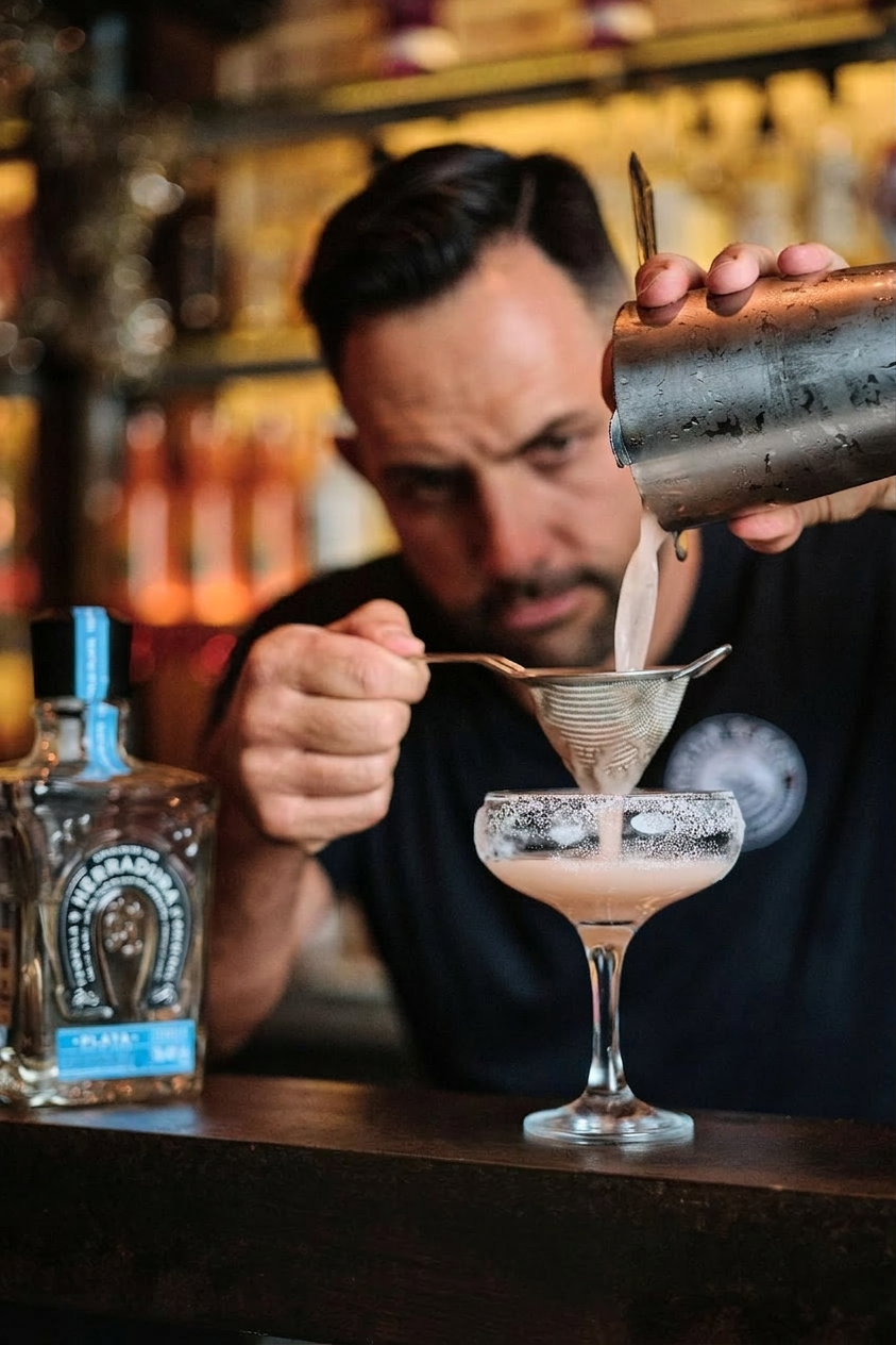 Adam Keane straining a cocktail through a fine sieve
