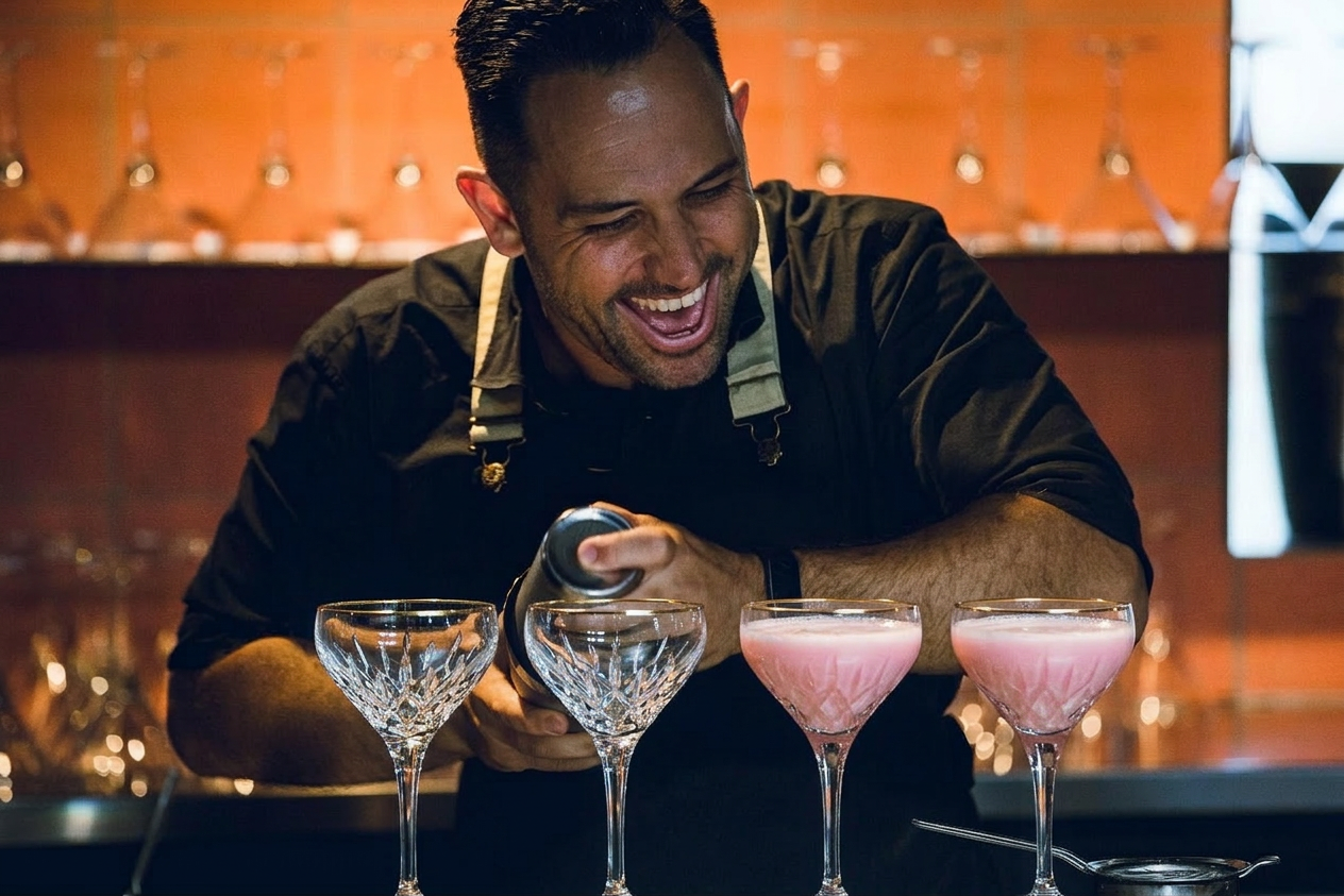 Hands pouring a cocktail into a coupe glass — art deco bar setting