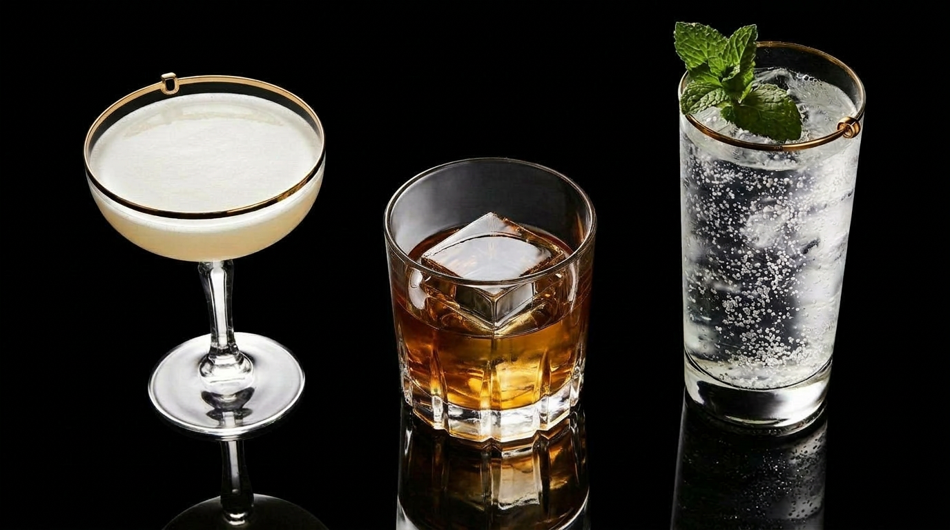 Three signature cocktails — coupe, rocks and highball — on black reflective surface