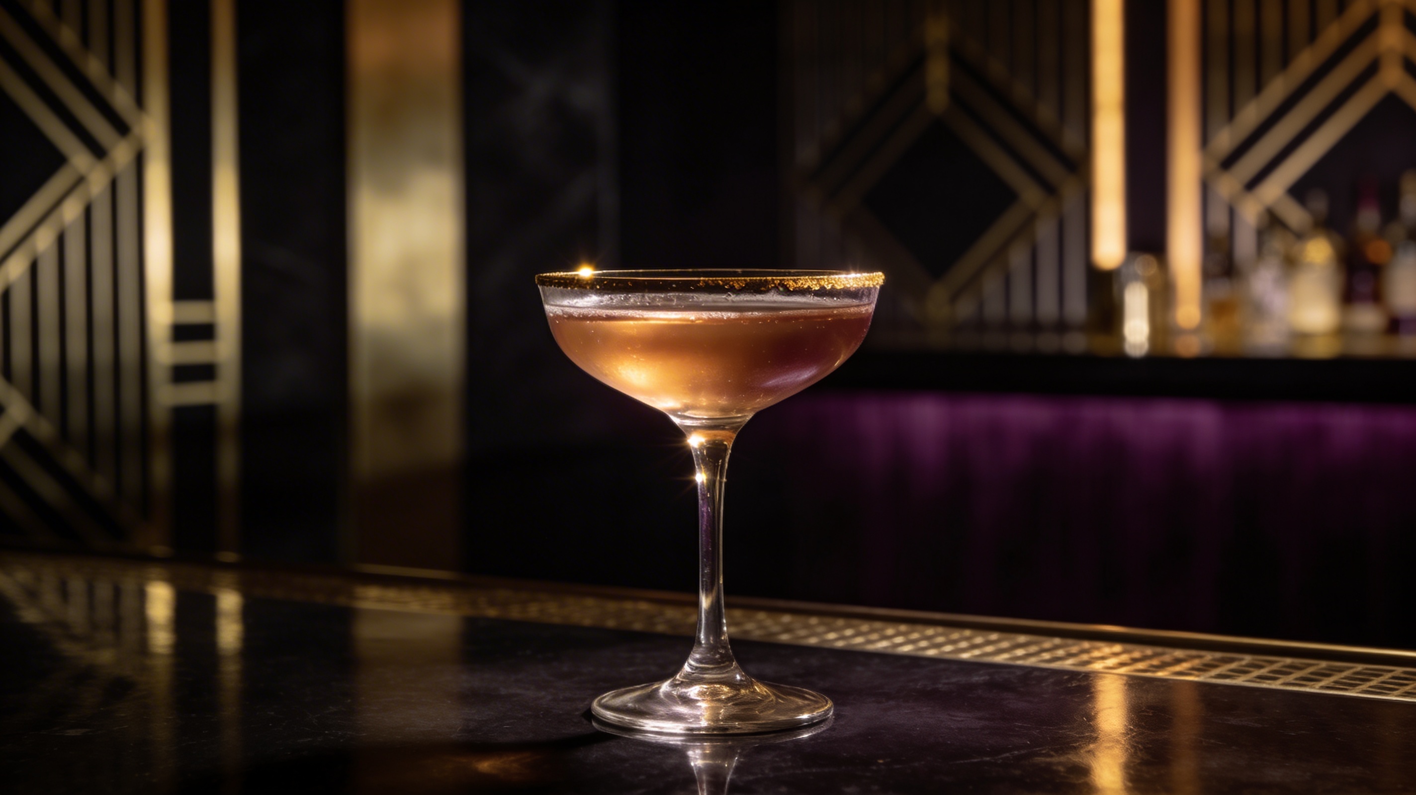 A cocktail in a coupe glass with gold rim — art deco bar setting
