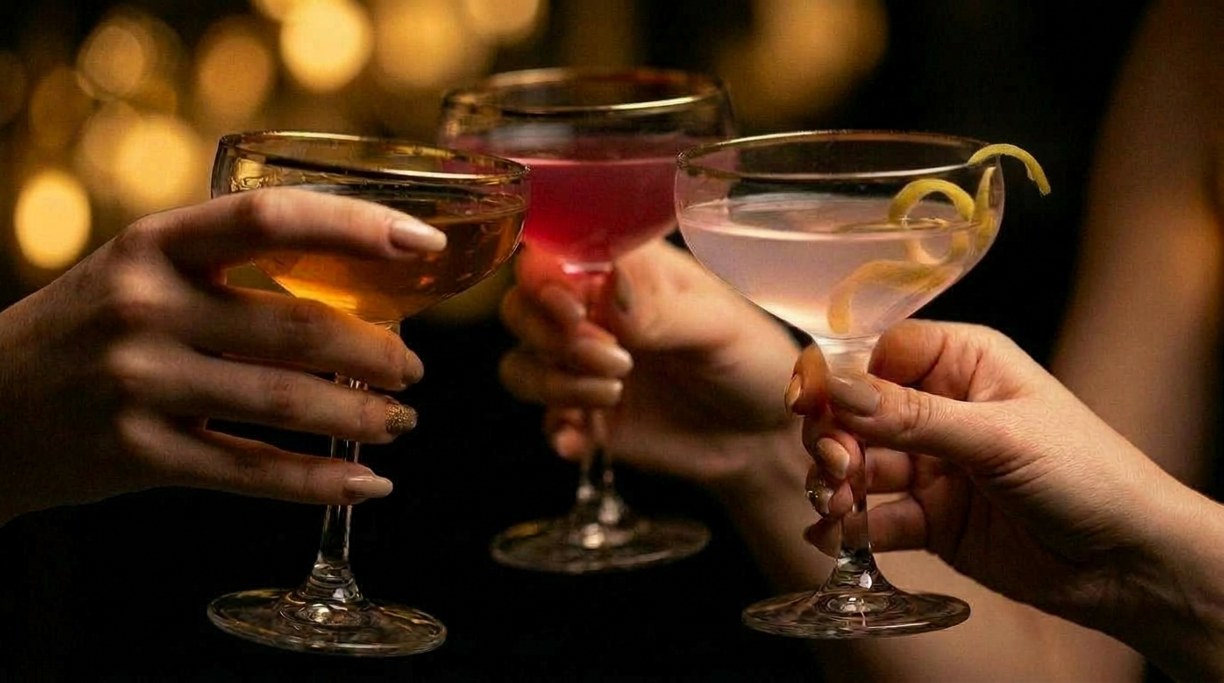 Three women celebrating with cocktails